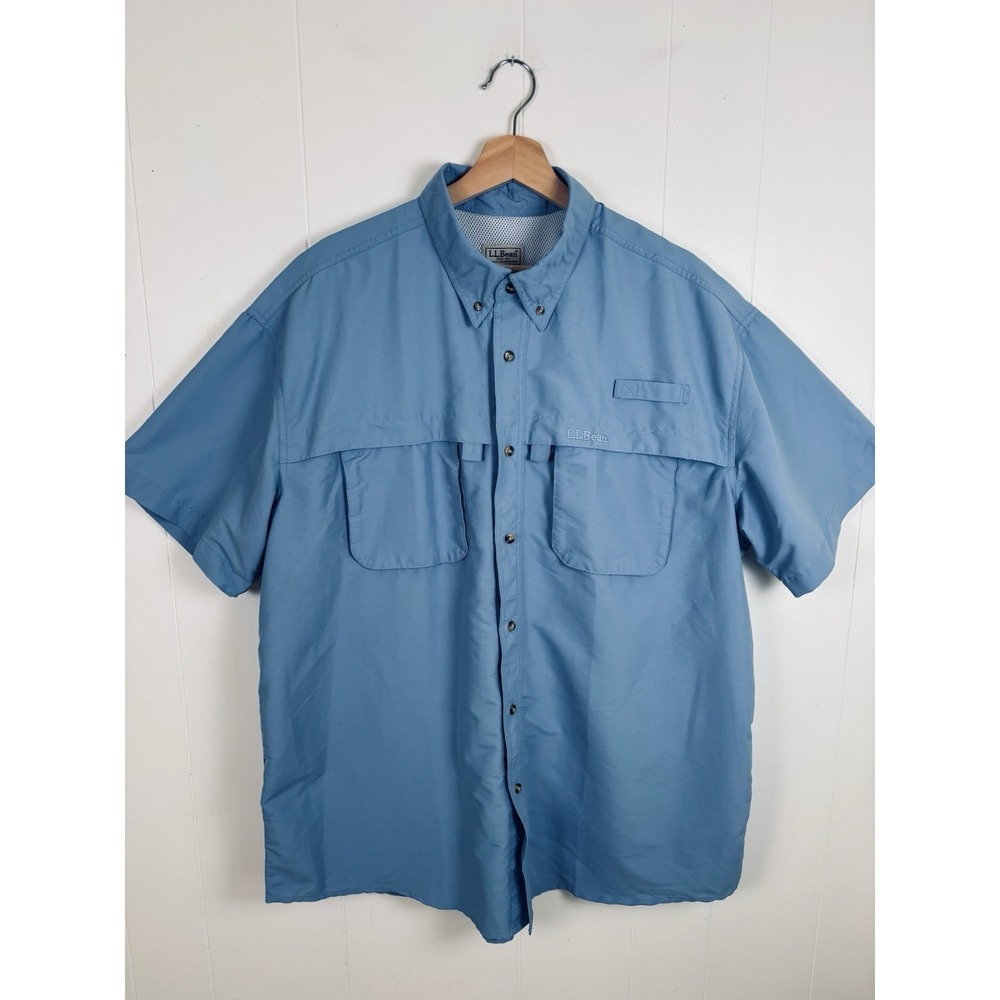 L.L.Bean Mens‎ XL Blue Outdoor Fishing Short Sleeve Shirt Vented Button Up Nylon